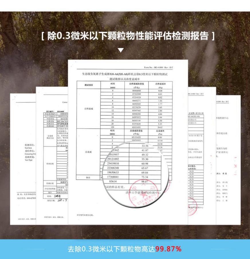 小粒徑負(fù)離子阻斷病毒傳播途徑和殺滅病毒的檢測(cè)報(bào)告，其去除0.3微米顆粒，殺滅病毒效率高達(dá)99.87%